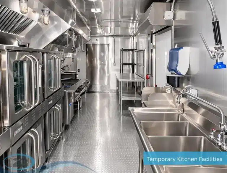 Interior of a commercial kitchen trailer with stainless steel cooking equipment, ovens, prep tables, and triple sink for mobile food operations