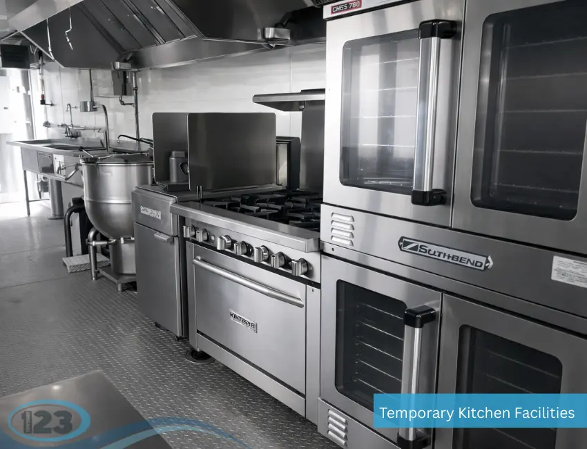 Mobile kitchen trailer interior with gas range, commercial oven, kettle cooker, prep area, and stainless steel ventilation system