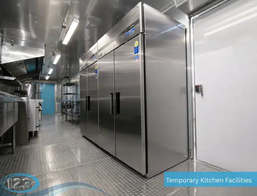 Interior of mobile kitchen trailer with large commercial refrigerators, stainless steel surfaces, and full food service layout