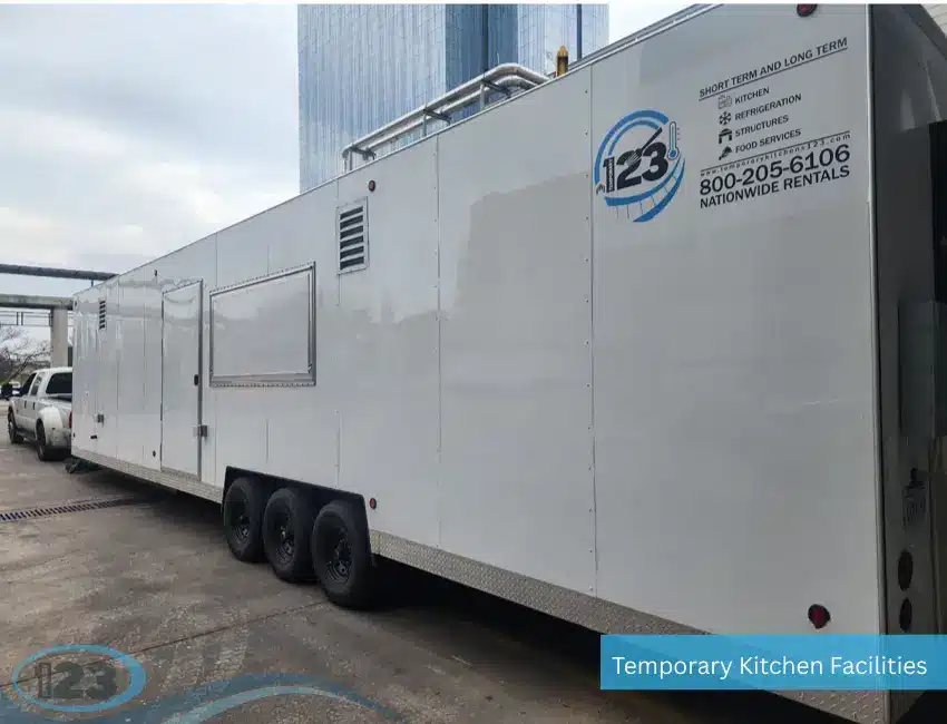 Large mobile kitchen trailer exterior with multiple axles, service windows, and commercial-grade construction for food service operations
