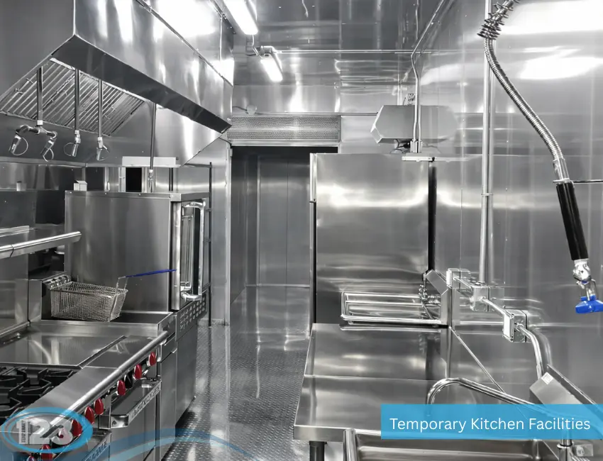 Commercial mobile kitchen trailer with stainless steel fryer, cooking range, ventilation hood, prep counters, and handwashing station