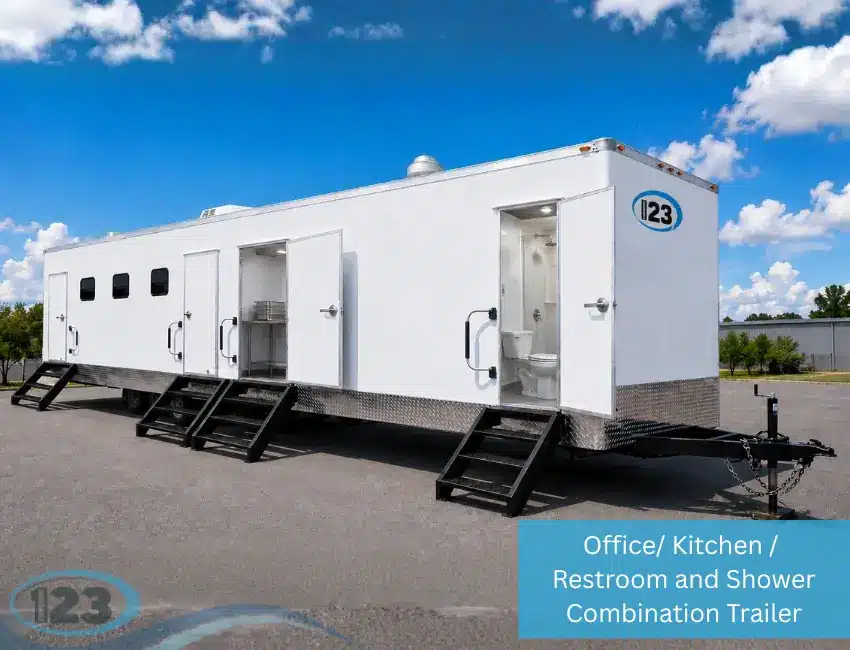 Office, commercial kitchen, restroom and shower combination trailer providing an all-in-one mobile workspace and food service solution for temporary operations.
