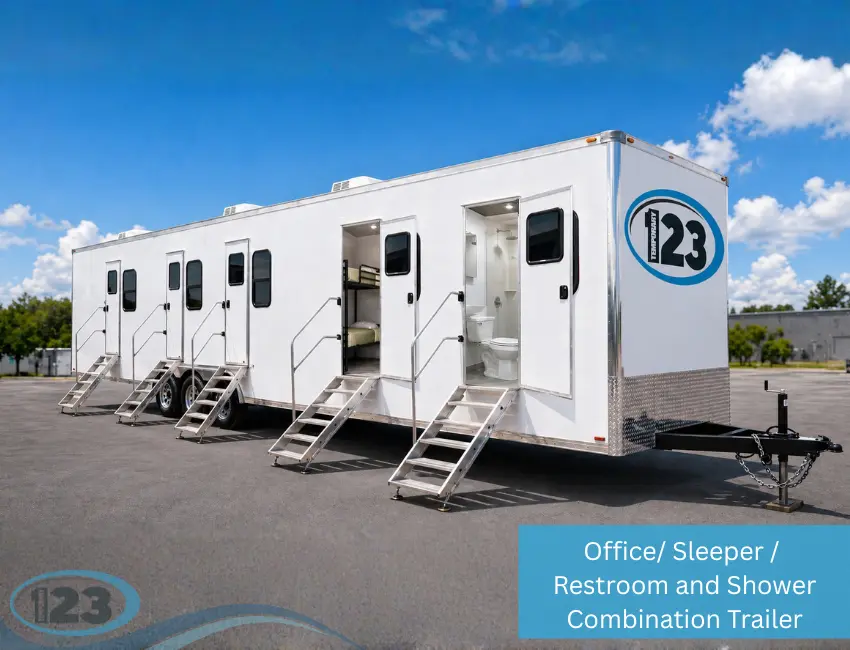 Office, sleeper, restroom and shower combination trailer offering mobile workforce housing and office space for construction, government, military, and emergency response teams.